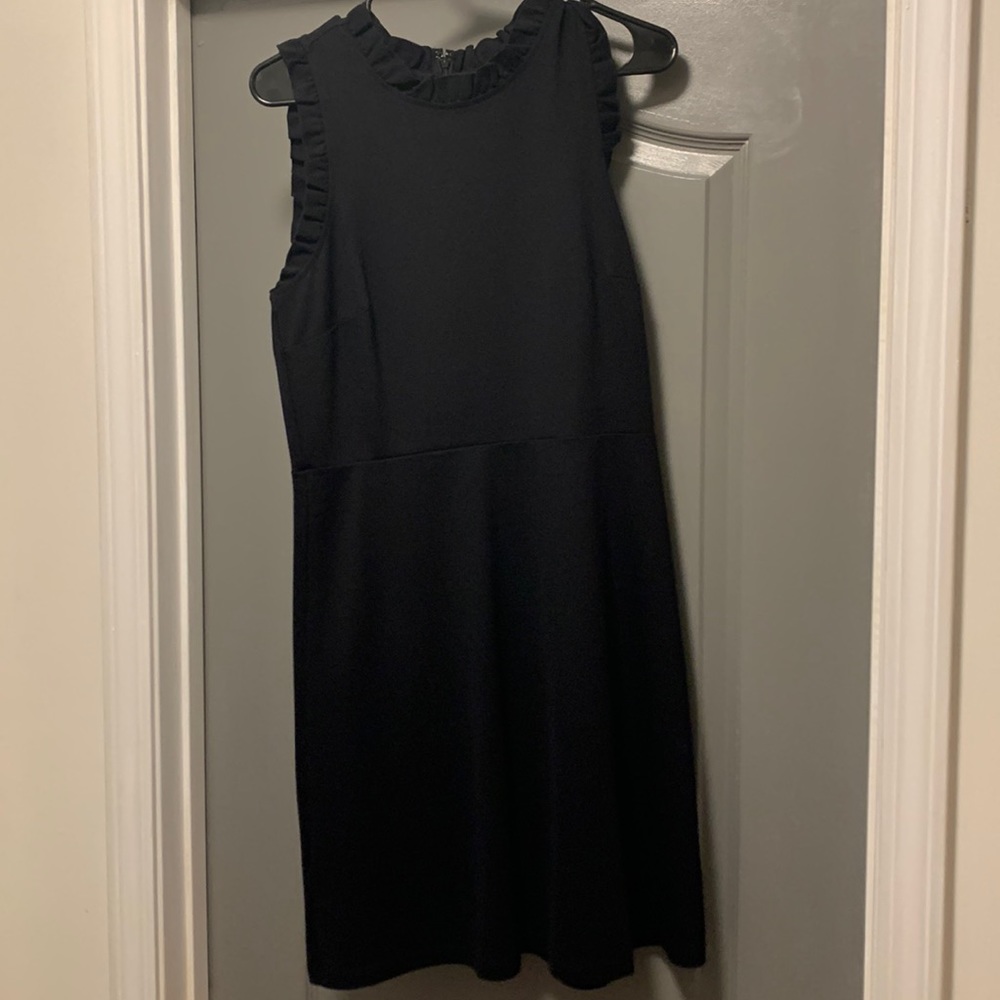 Loft Black Dress with Ruffle Neck and Sleeve Details-Size 8